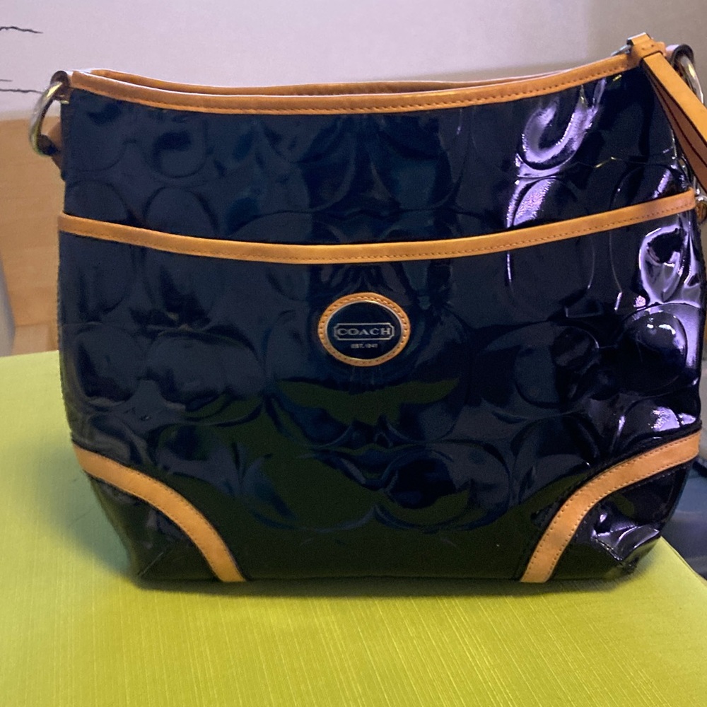 Coach Black Patent Shoulder or Crossbody Bag with Tan Trim